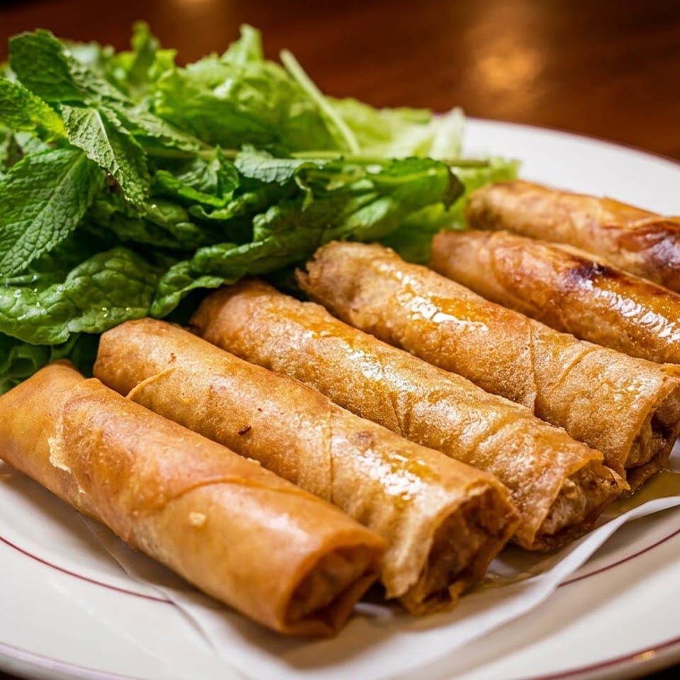 Crispy fried spring rolls with fresh mint and lettuce on a white plate with a red rim.