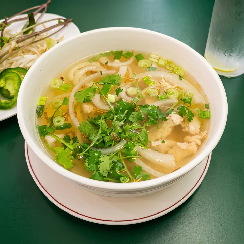 A bowl of pho with chicken, noodles, and herbs, alongside a plate of fresh garnishes.