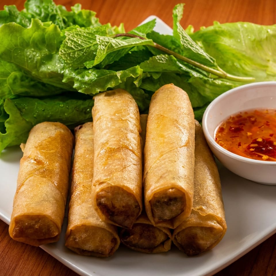 Crispy golden spring rolls with fresh lettuce, mint, and a side of sweet chili dipping sauce.