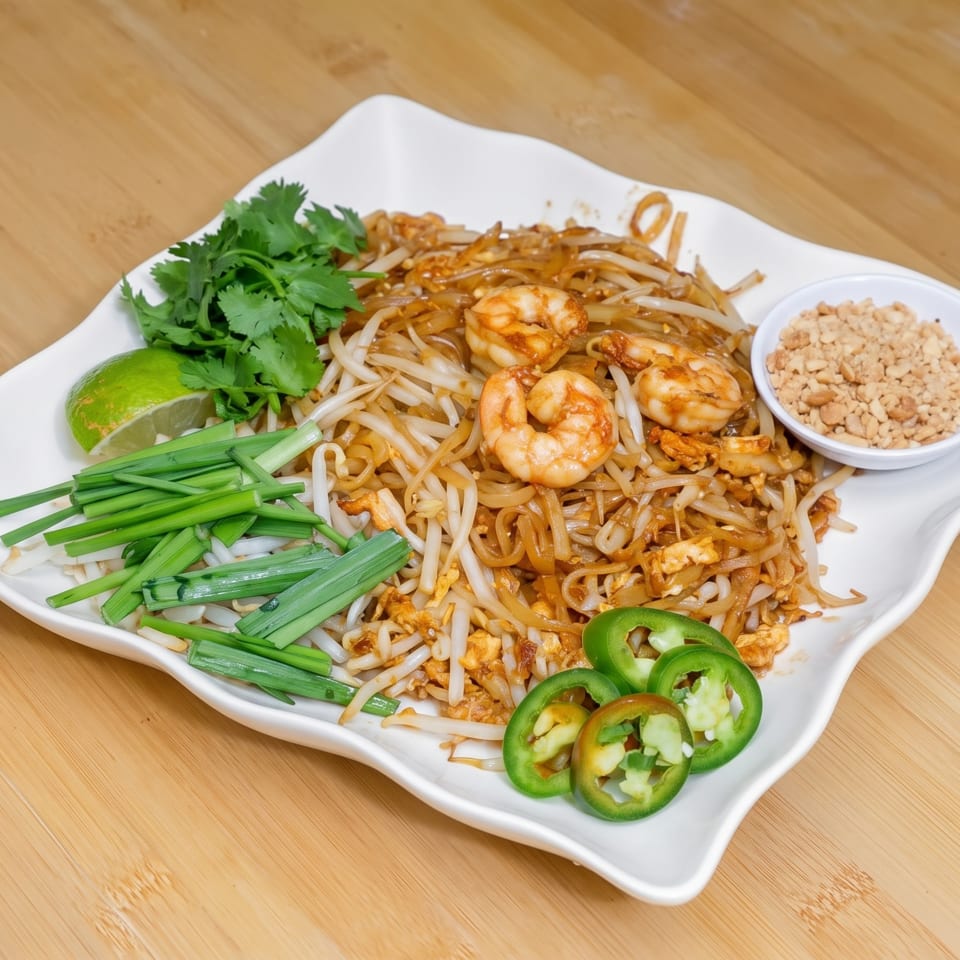 Shrimp Pad Thai with bean sprouts, lime, cilantro, chives, jalapeños, and crushed peanuts.